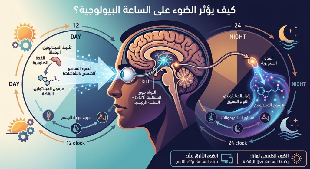 كيف يؤثر الضوء على الساعة البيولوجية؟ تأثير الضوء على الساعة البيولوجية،
