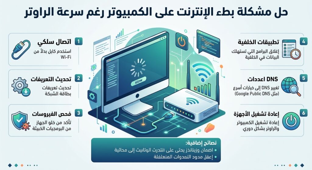 حل مشكلة بطء الإنترنت على الكمبيوتر رغم سرعة الراوتر