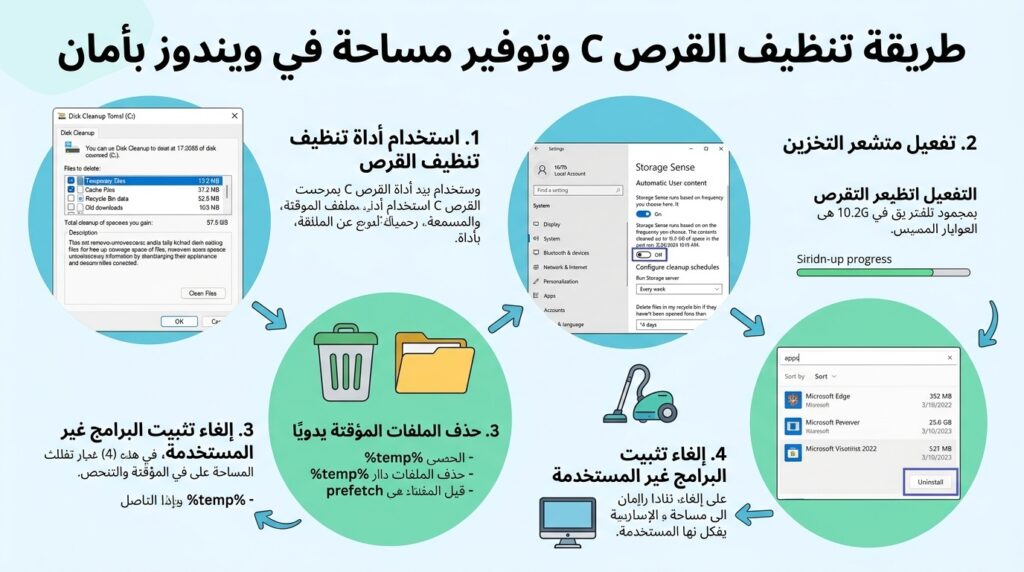 طريقة تنظيف القرص c وتوفير مساحة في ويندوز بأمان